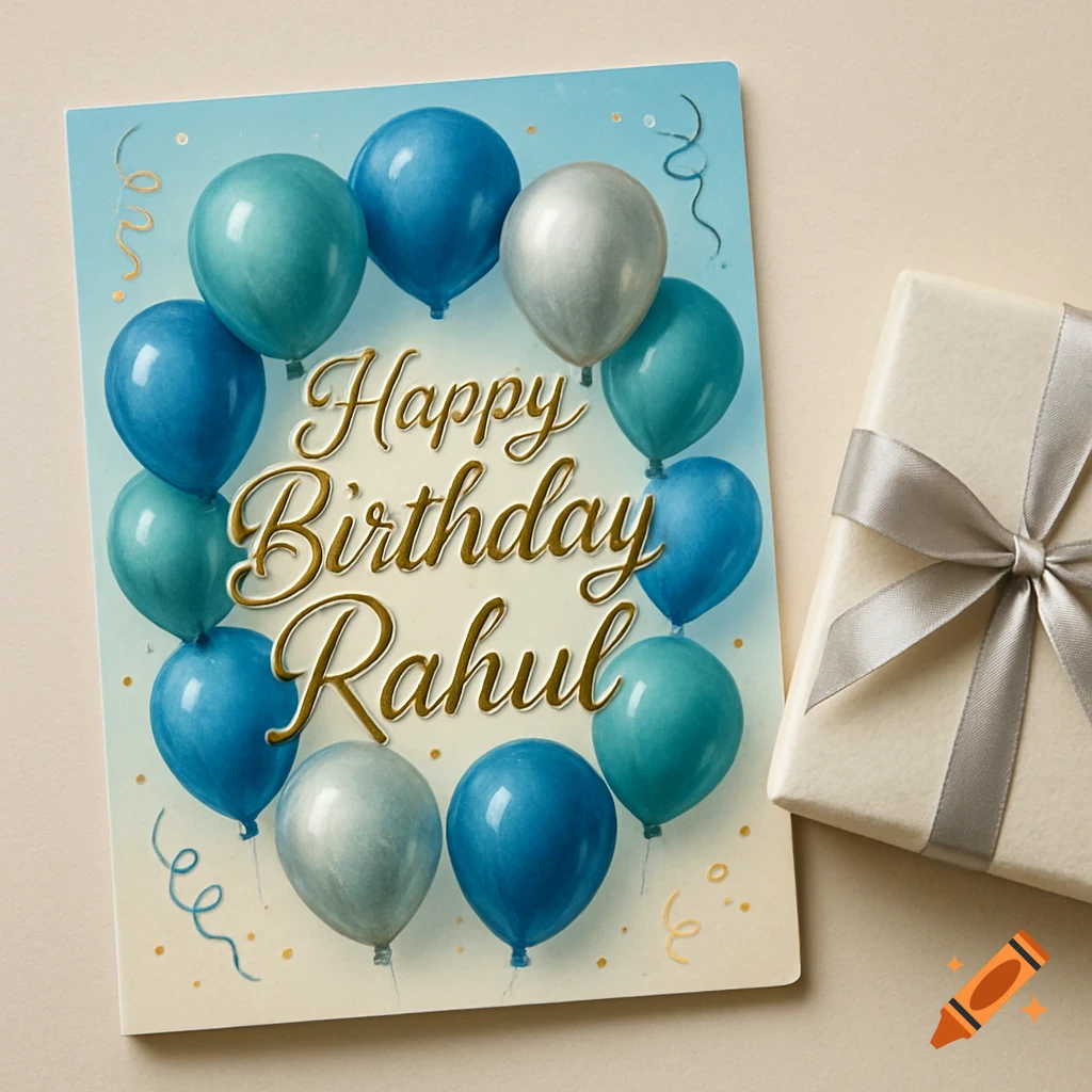 A blue and silver "Happy Birthday Rahul" card with balloons, next to a cream gift box with a silver ribbon.