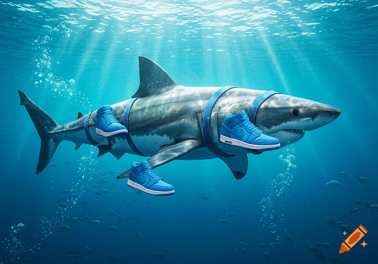 Photorealistic shark wearing three blue sneakers underwater.