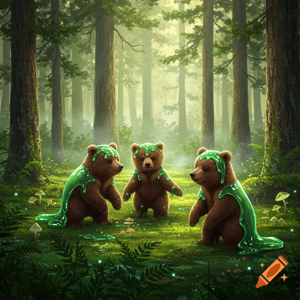 Three cute baby bears covered in glowing green slime stand in a magical forest.