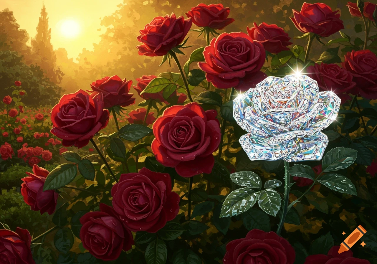 A vibrant rose bush with many red roses and one sparkling, multi-faceted diamond rose in a sunlit garden.