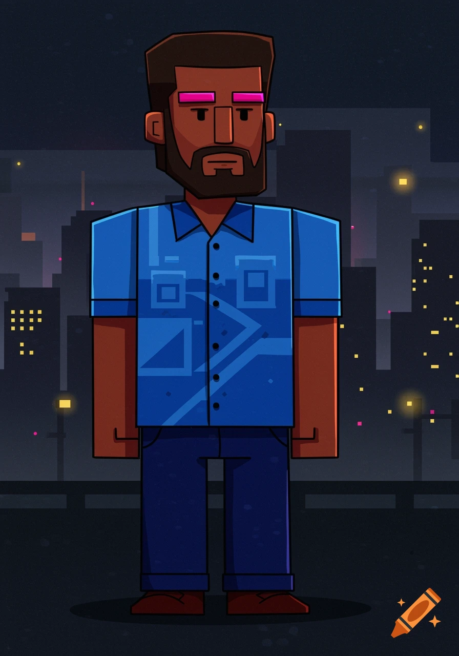 A stylized, blocky man with dark skin, a beard, brown hair, and pink eyebrows, wearing a blue patterned shirt and navy trousers, standing against a dark city night background.