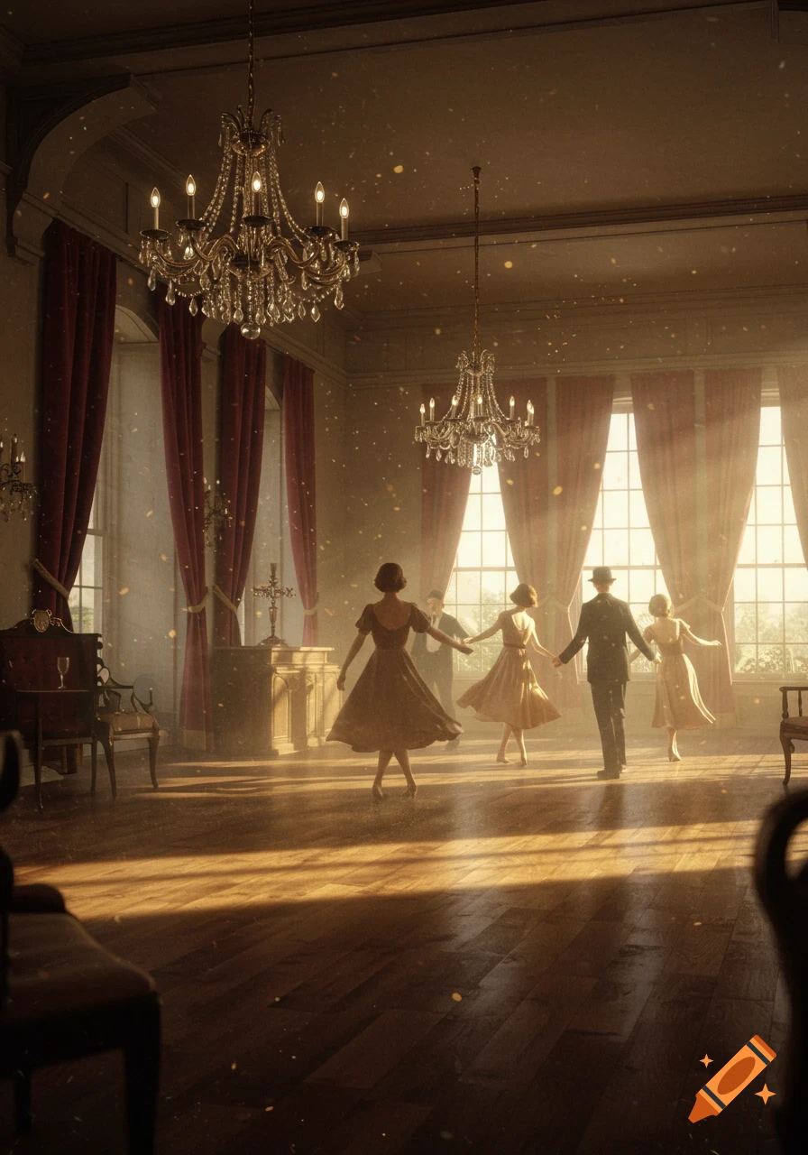 People in vintage attire dance in a grand, sunlit ballroom with chandeliers and dust motes.