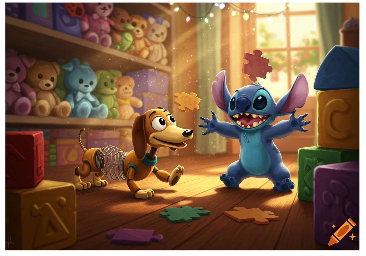 Slinky Dog and Stitch playing with puzzle pieces and building blocks in a sunlit room filled with toys.