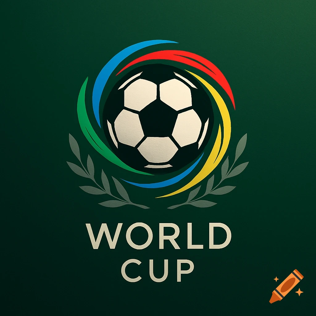 World Cup soccer logo on dark green background, featuring a soccer ball, colorful swooshes, a laurel wreath, and 'WORLD CUP' text.