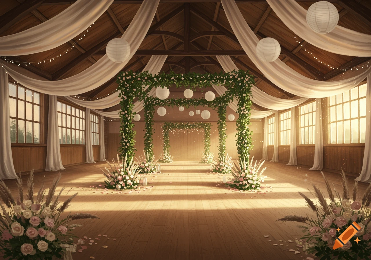A beautifully decorated wedding hall with white drapery, string lights, floral arches, and paper lanterns under wooden beams.