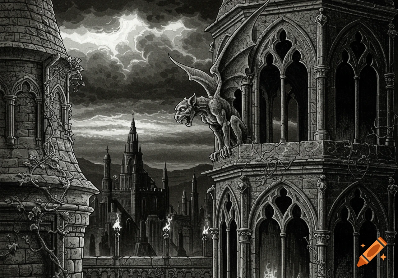 A monochromatic gothic drawing depicts a grand castle with a large gargoyle perched on a tower, set against a dramatic, stormy sky.