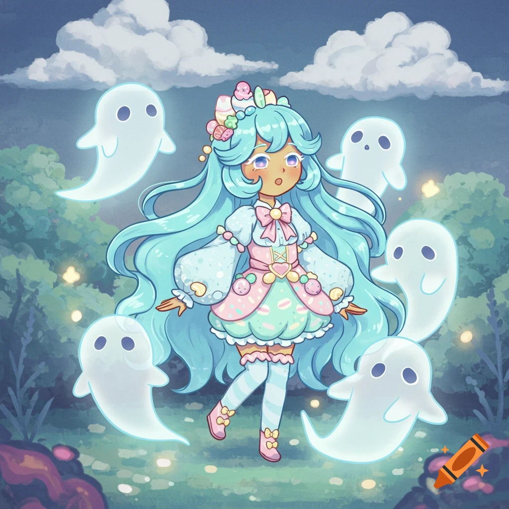 Cookie Run Kingdom style anime girl with long blue hair and pastel dress surrounded by white ghosts in a whimsical forest.