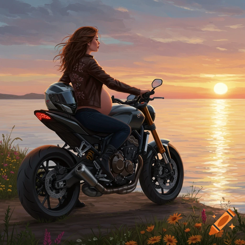 A pregnant woman in a leather jacket sits on a motorcycle by a lake at sunset, looking out at the water. Flowers are in the foreground.