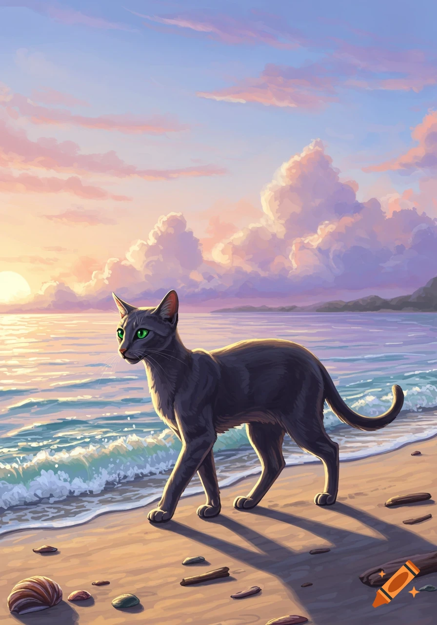 A black cat with green eyes walks along a sandy beach at sunset, with waves crashing and a colorful sky.
