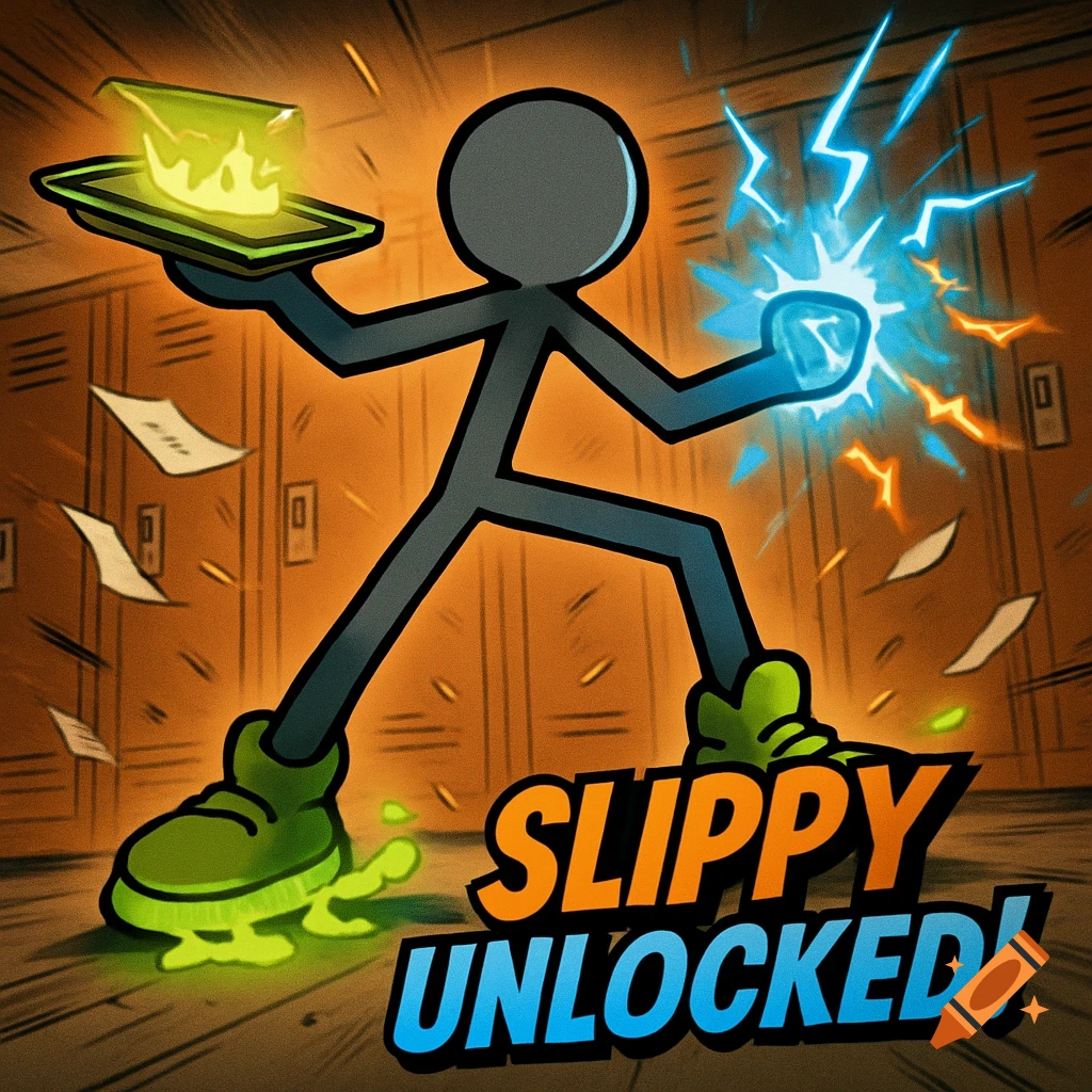 A grey stickman in oversized green shoes and a glowing lunch tray, sparking blue energy, stands in a school hallway with 'SLIPPY UNLOCKED!' text.