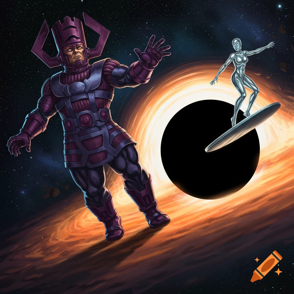 Galactus and Silver Surfer float near a swirling black hole in a comic art style.