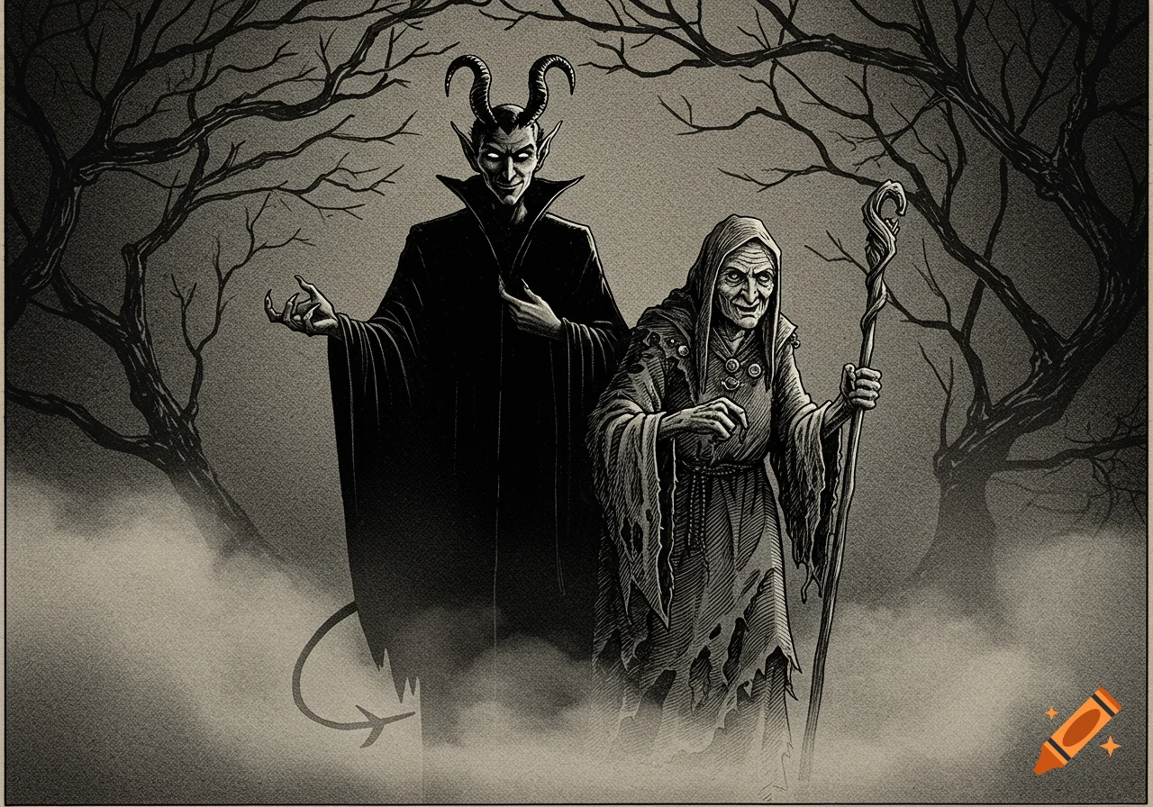 Mephistopheles and a witch stand in a misty, bare forest in a black and white vintage illustration.