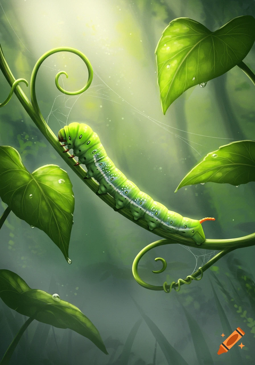 A vibrant green caterpillar climbs a leafy vine, detailed with dew drops and spiderwebs in a sunlit, lush green environment.