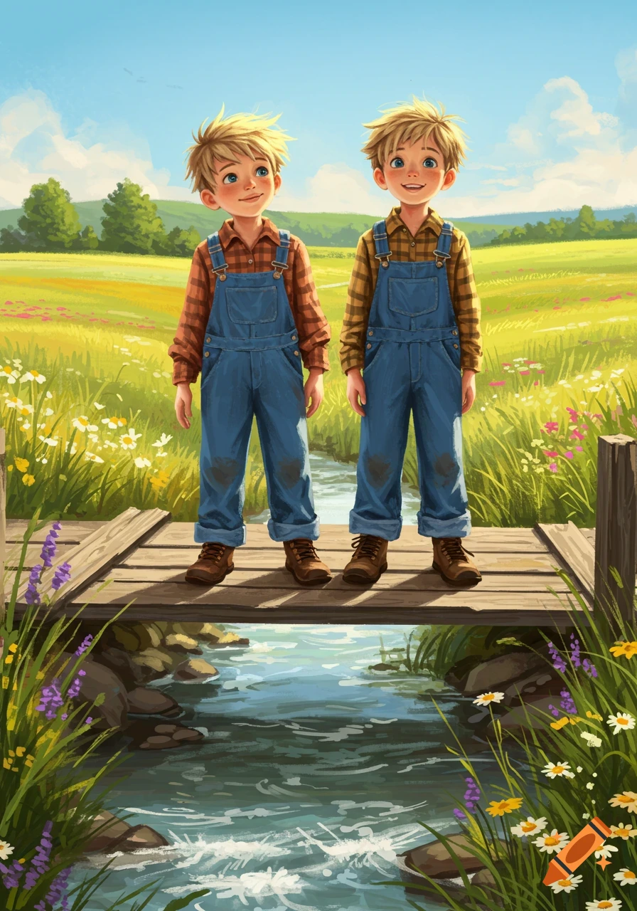 Two smiling blonde boys in plaid shirts and blue overalls stand on a wooden bridge over a stream in a sunny, flower-filled field.