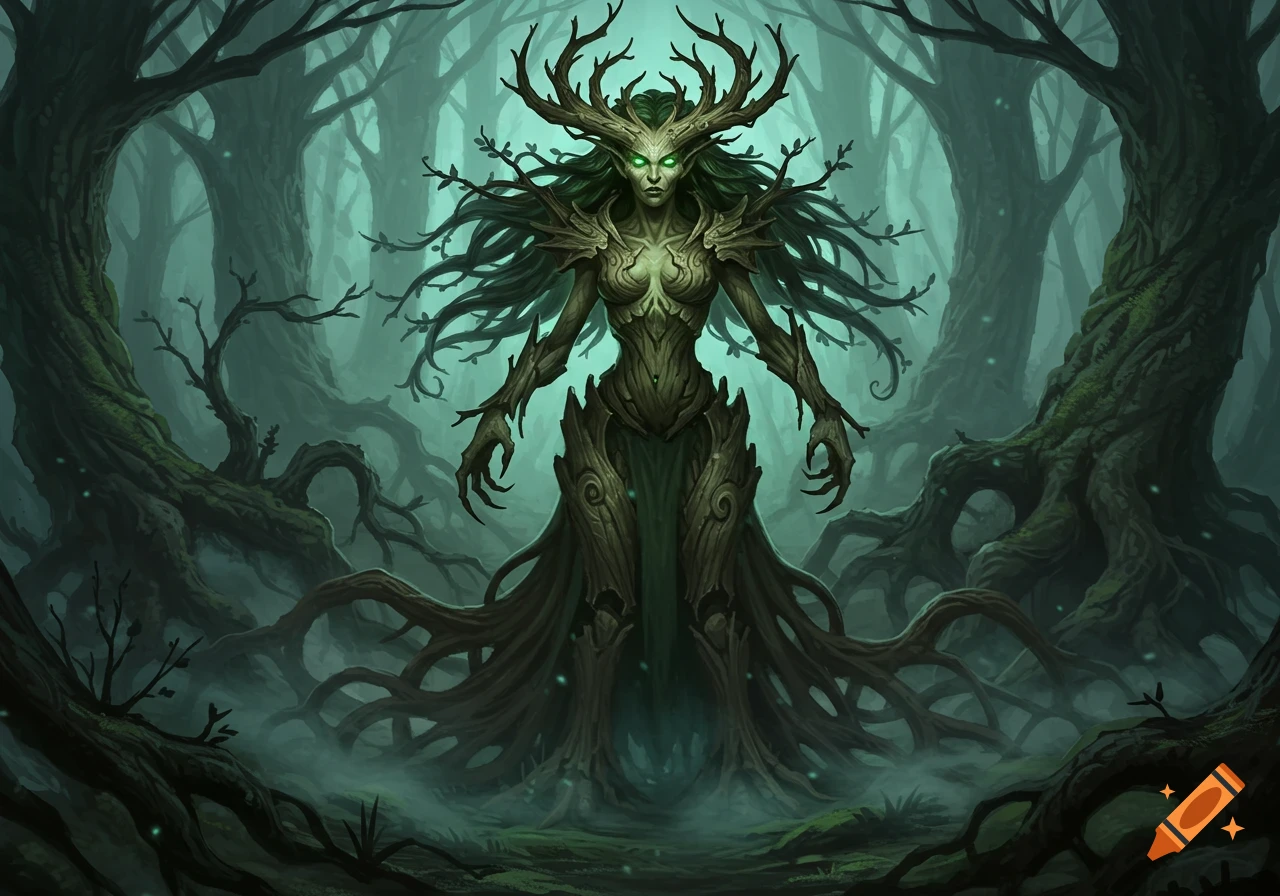 A mystical dryad or forest spirit made of wood and roots, with glowing green eyes and antlers, stands in a dark, misty forest.