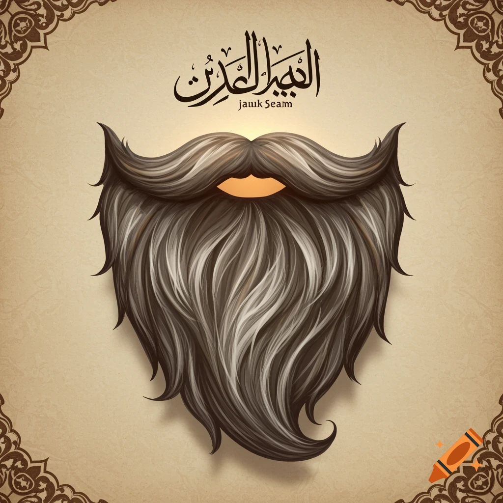 A stylized illustration of a large, well-groomed beard with brown and grey strands on an ornate, textured background.