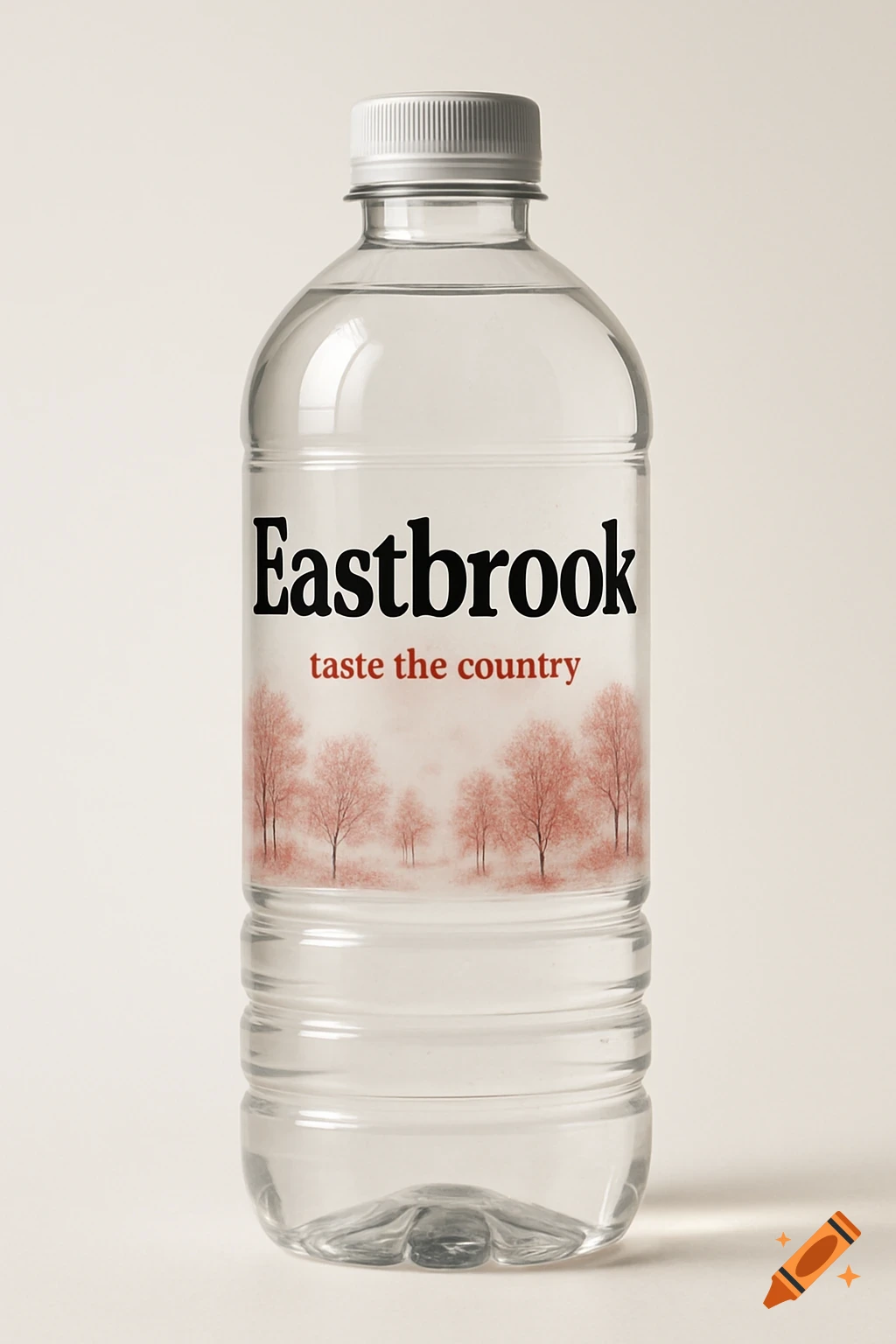 A photorealistic image of a clear plastic water bottle with a label featuring the text 'Eastbrook' and 'taste the country' above small pink trees.