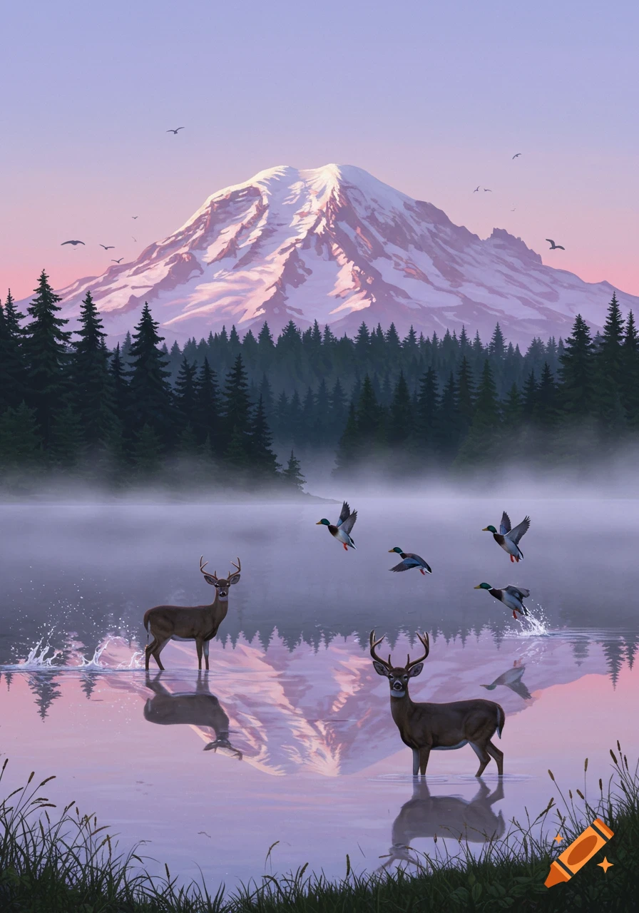 Serene painting of a misty lake with two deer in water and ducks flying over, against forest and snow-capped Mount Rainier at dawn.