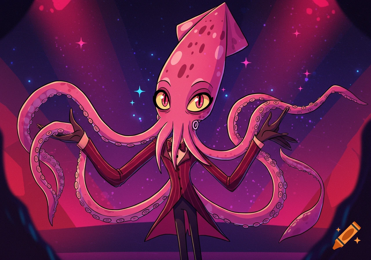 A cartoon pink squid-human hybrid in a pinstriped suit and bow tie, with multiple tentacles, stands against a sparkly purple and pink background, in the Hazbin Hotel art style.