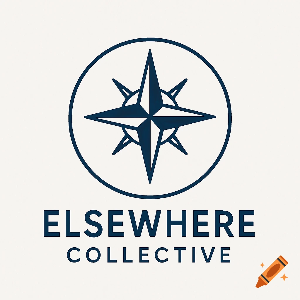A minimal blue and white logo features a compass rose icon above the words "ELSEWHERE COLLECTIVE" in bold, sans-serif font.