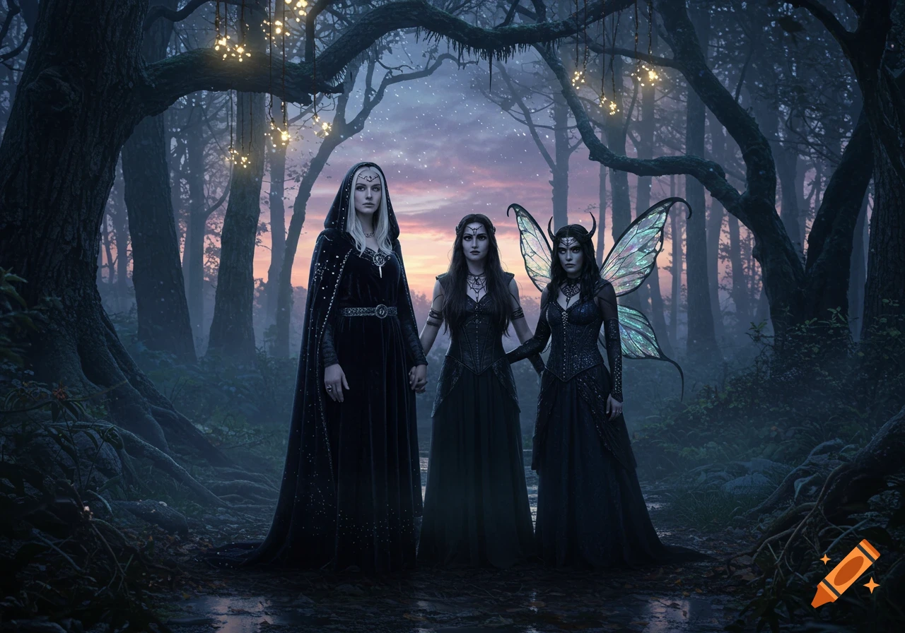 Three mystical women, including a winged fairy, stand holding hands in a dark, enchanting forest with glowing string lights.