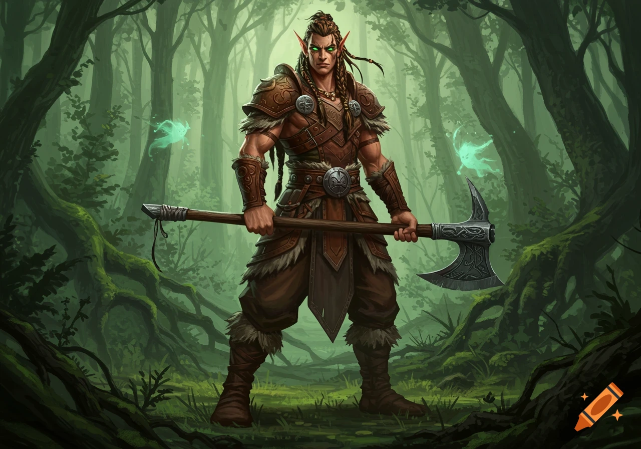 A muscular male wood elf barbarian with an axe stands in a dark fantasy forest with glowing fairies.
