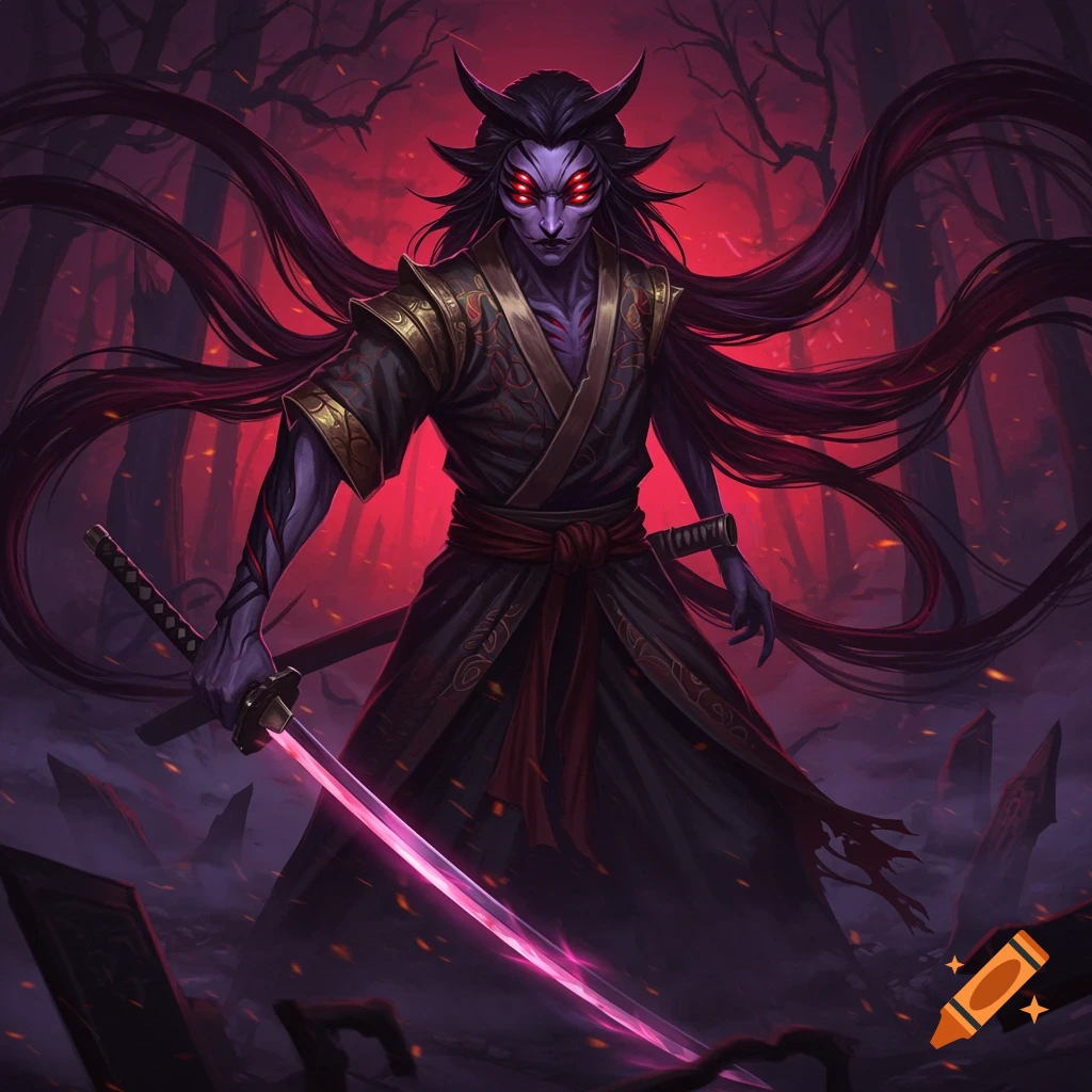 A horned, purple-skinned demon character with multiple red eyes holds a glowing pink katana in a dark, red-lit forest. Digital art, dark fantasy style.