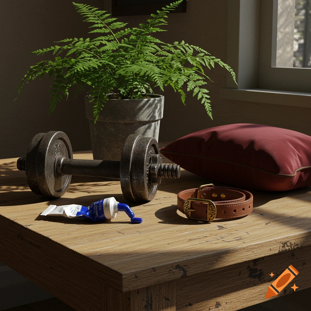 A photorealistic still life on a rustic wooden table featuring a dumbbell, a potted fern, a blue paint tube, a brown leather animal collar, and a red pillow, bathed in sunlight.