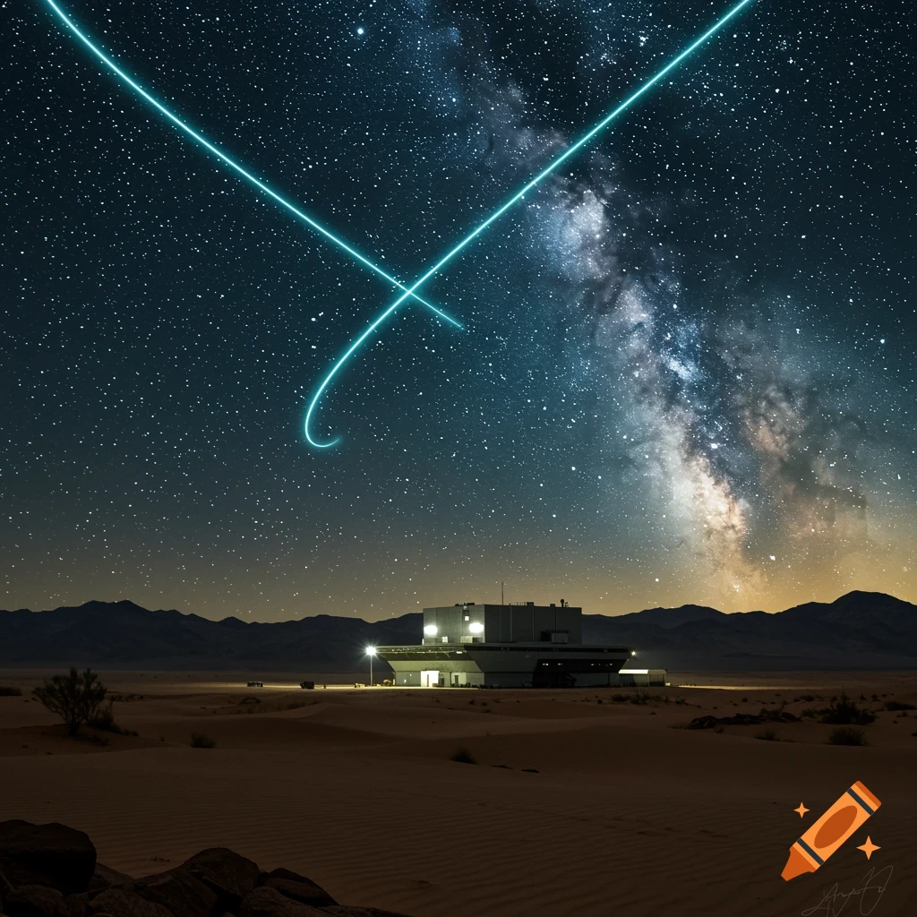 A photorealistic image of a building in a desert at night, under a starry sky with the Milky Way and two bright light trails crossing.