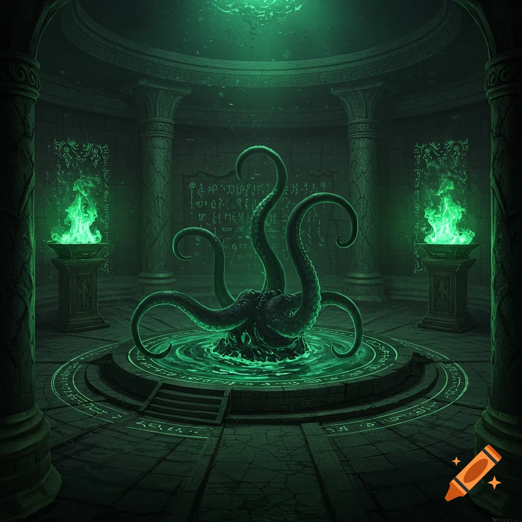 A dark, green-lit underground summoning chamber with an octopus-like creature emerging from a glowing pool. Green fires burn on pillars, and mystic symbols adorn the walls and floor.