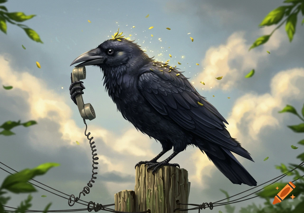 A black crow perches on a wooden post, holding a vintage telephone receiver to its ear under a cloudy sky with falling leaves.