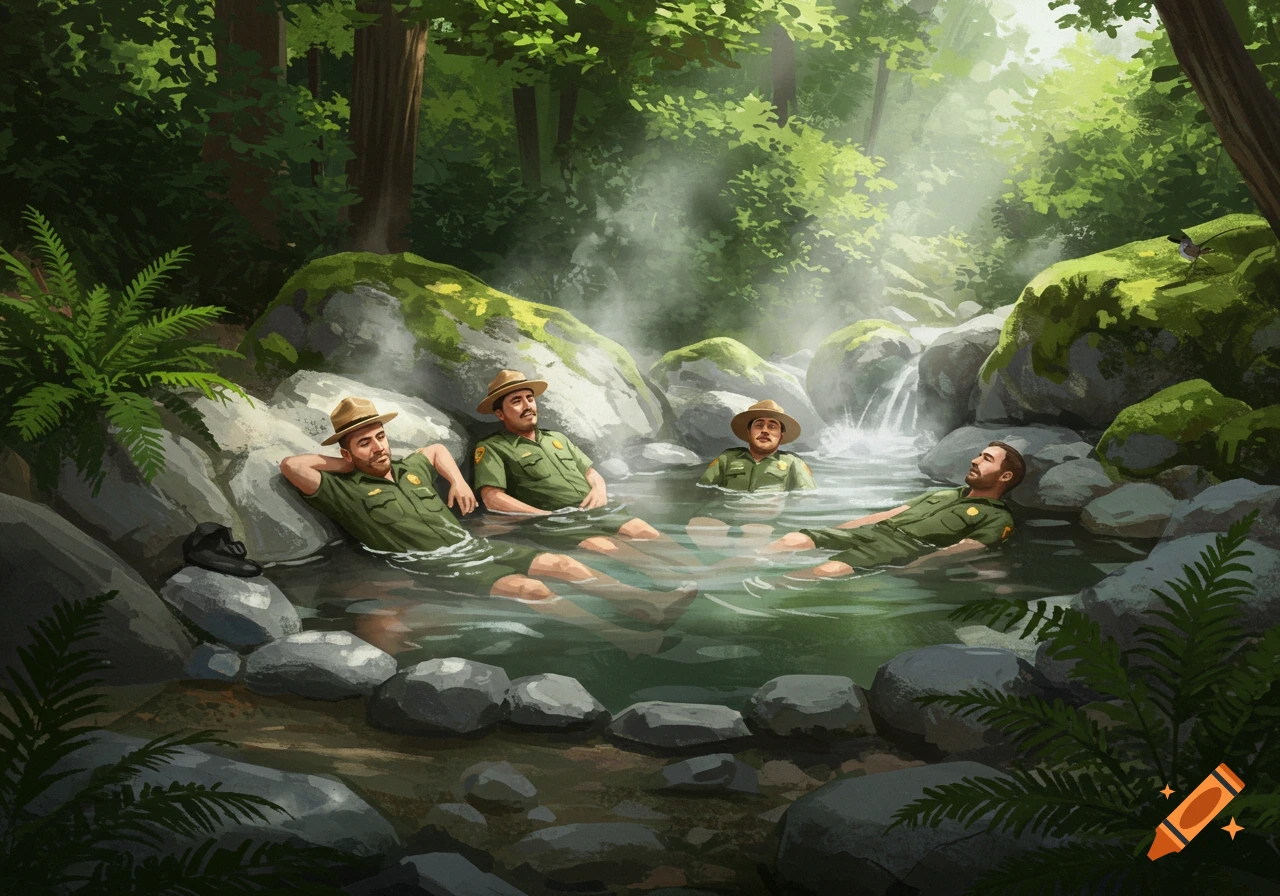 Four U.S. forest rangers relax in a steaming rocky hot spring within a lush forest, illustration.