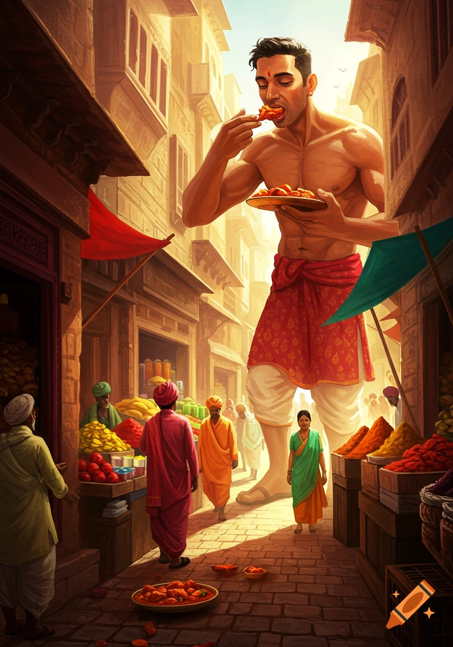 A giant, muscular Indian man eats chicken tikka masala from a plate in a bustling, colorful street market, digital painting.