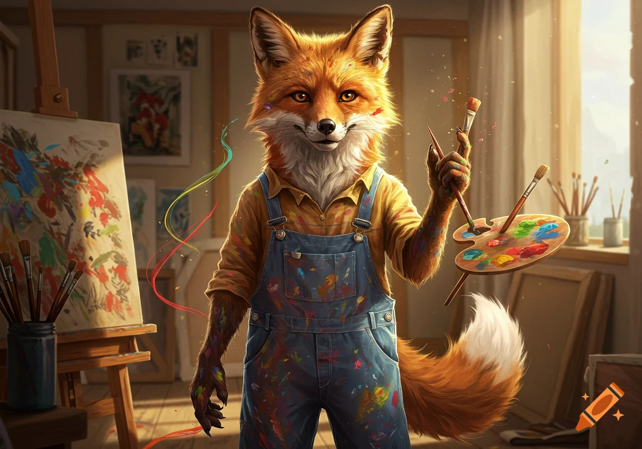 A hyperrealistic anthropomorphic fox painter in paint-splattered overalls, holding brushes and a palette in an art studio.