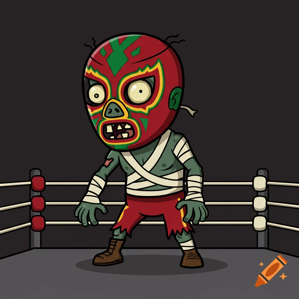 A cartoon zombie luchador wearing a red and green mask stands in a wrestling ring.