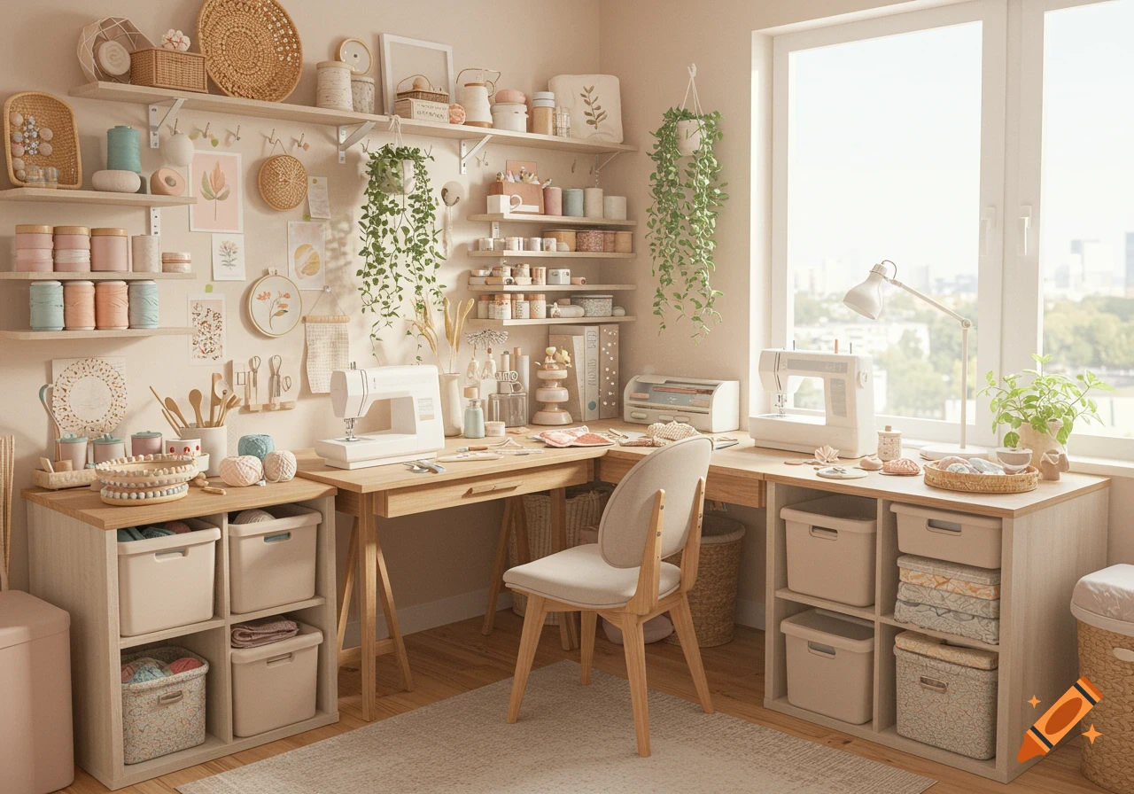 A bright and organized craft room featuring an L-shaped wooden desk, shelves with supplies, two sewing machines, storage bins, and hanging plants by a large window.