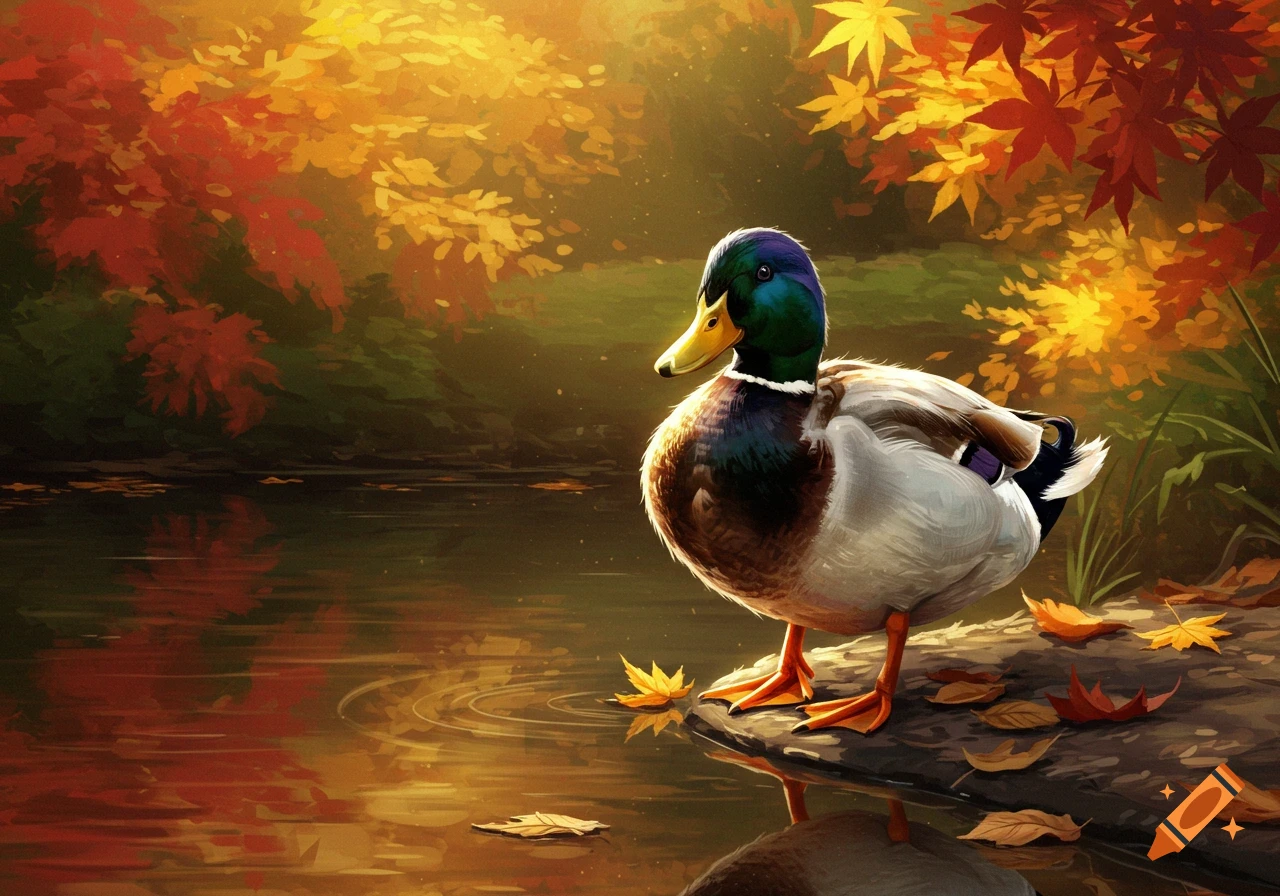 A mallard duck stands on a rock beside a pond, surrounded by vibrant orange and yellow autumn leaves.