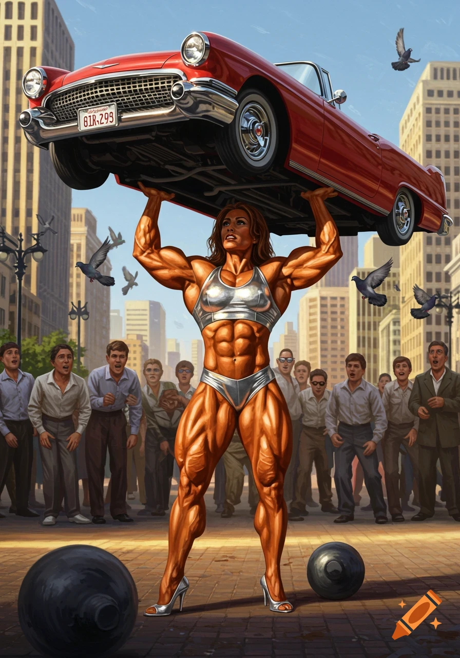 A highly muscular woman in a silver bikini lifts a red classic car over her head in a city street as a crowd watches.
