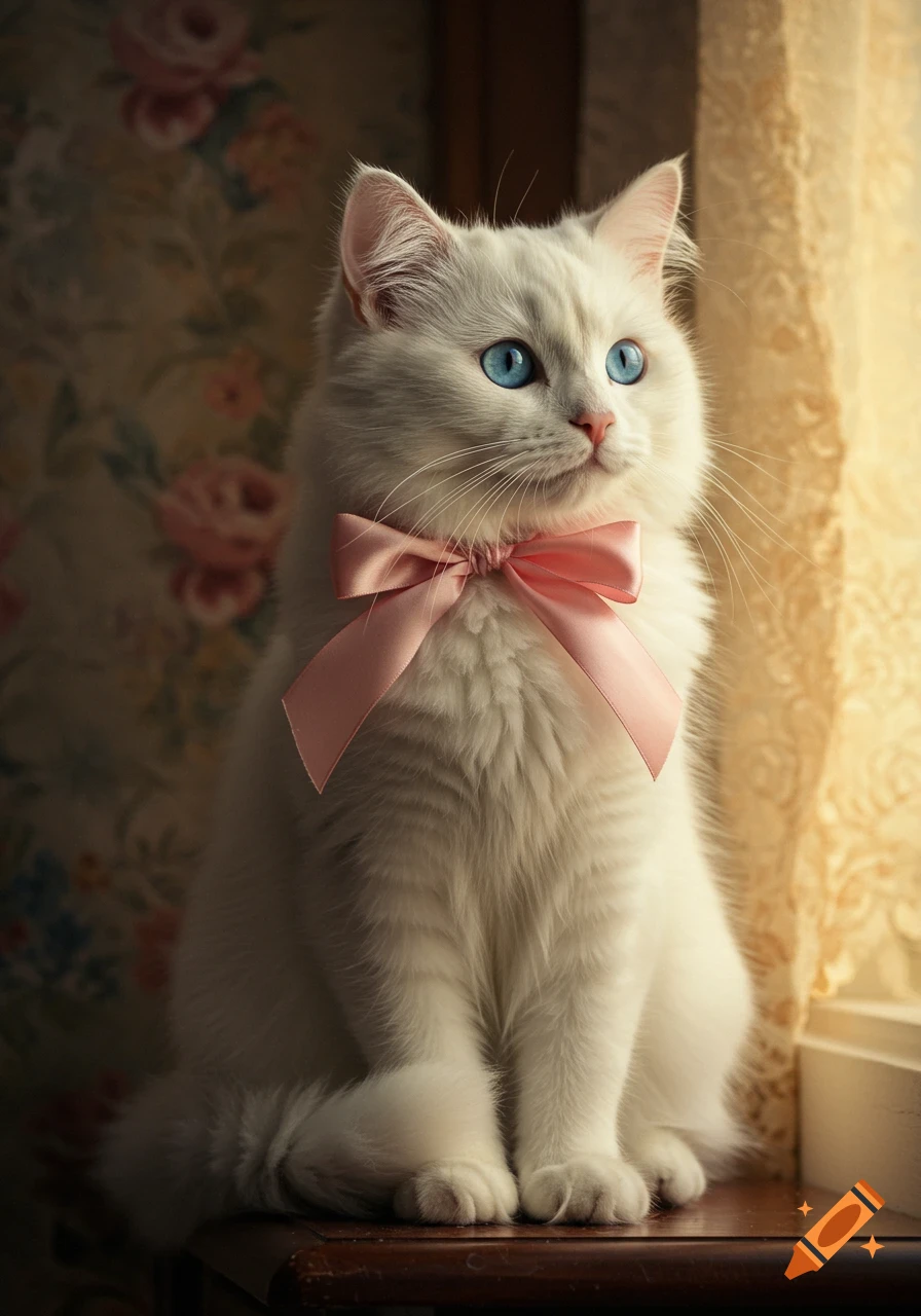 A beautiful white cat with blue eyes and a pink bow, in a vintage-style painting.