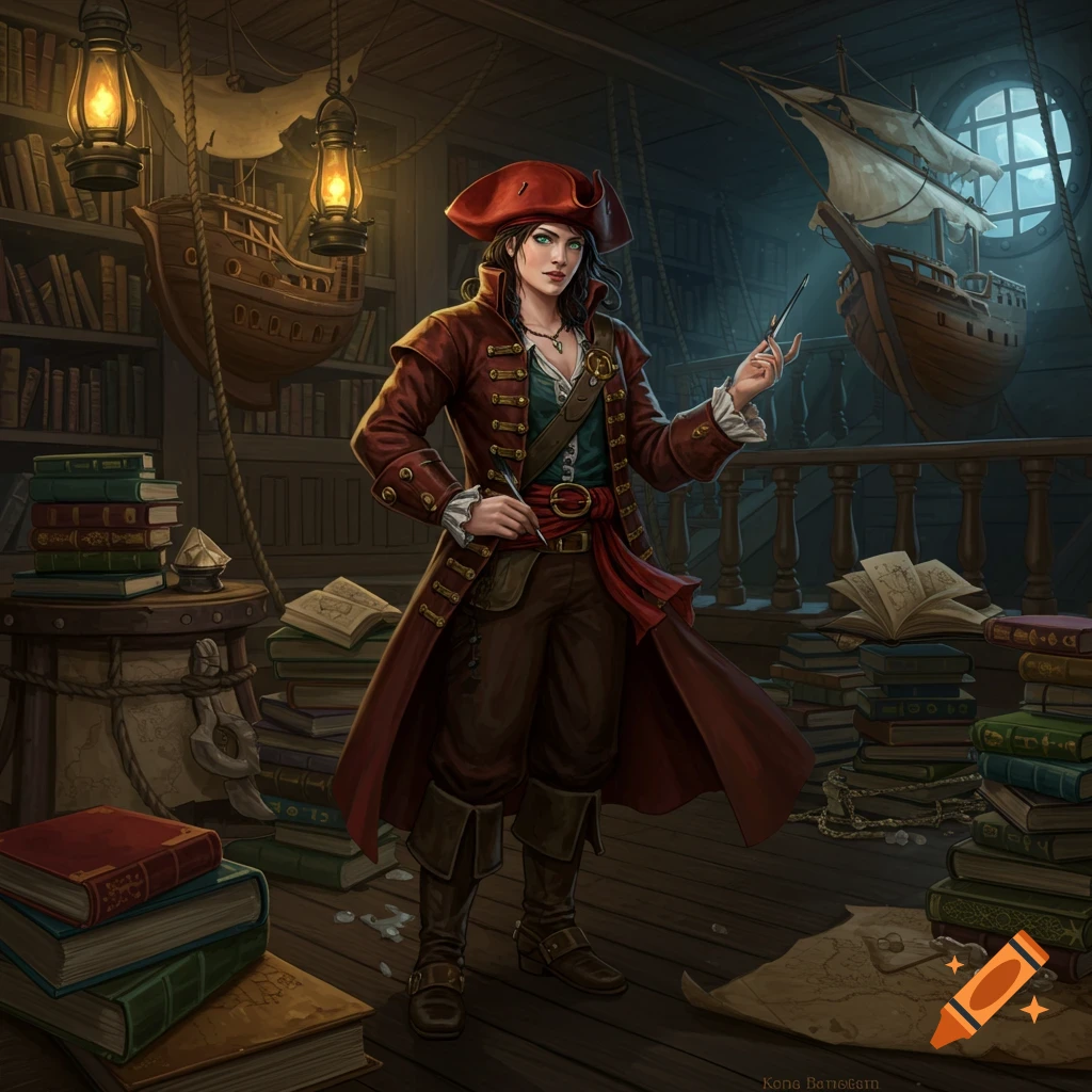 A detailed illustration of a female pirate librarian holding a quill, standing in a dimly lit wooden library filled with books and ship models.