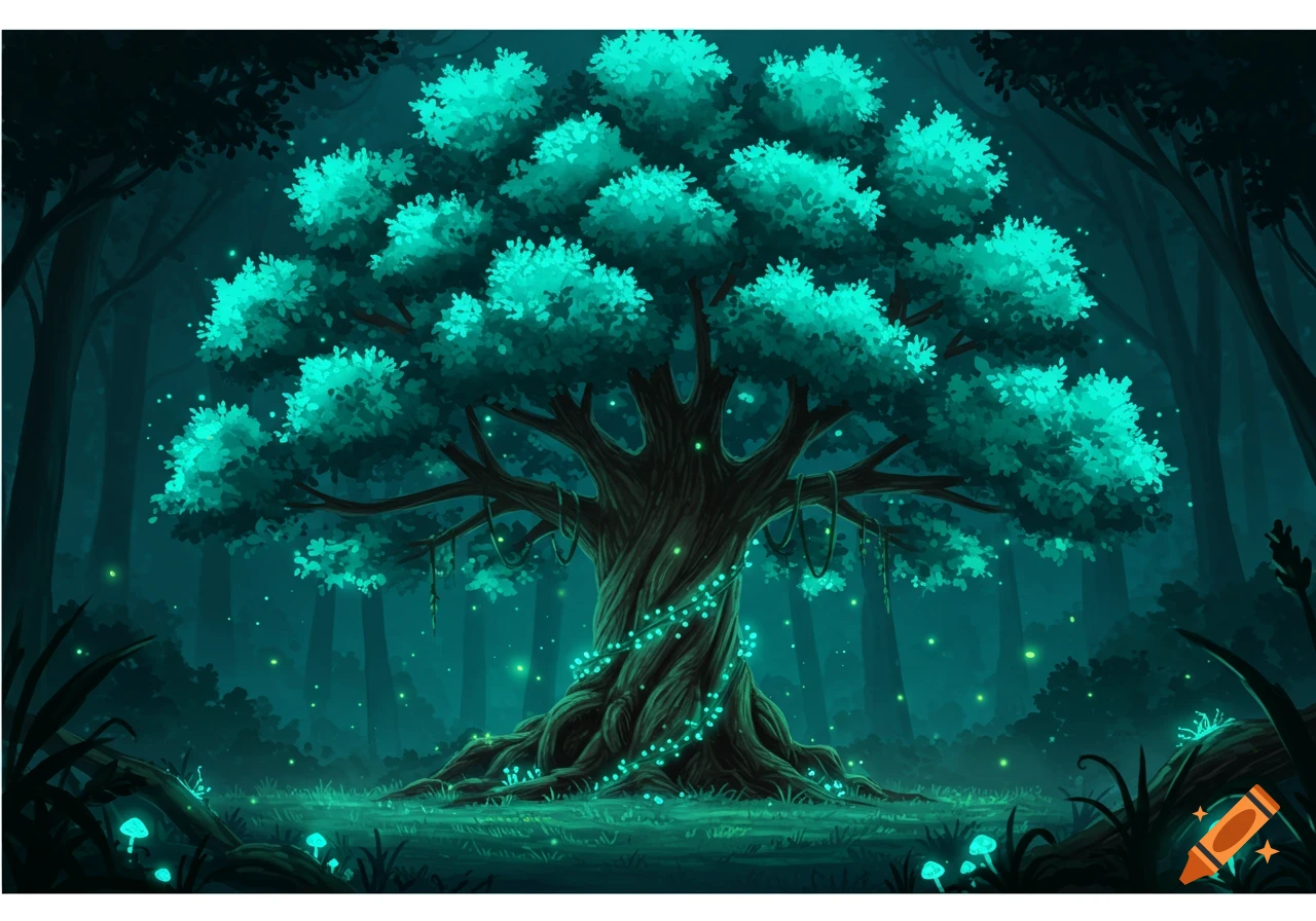A vibrant, glowing teal tree with sparkling lights on its trunk in a mystical dark forest with luminous mushrooms.