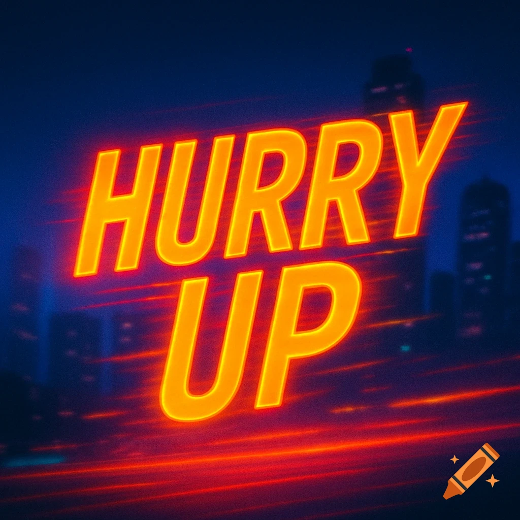 A glowing neon sign reads "HURRY UP" over a blurred cityscape with red light trails.