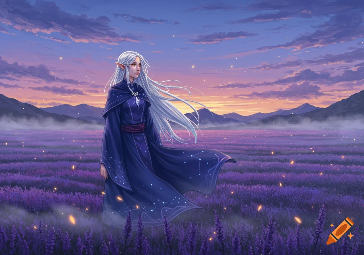 Anime elf woman with white hair and dark blue robe stands in a purple lavender field at sunset.