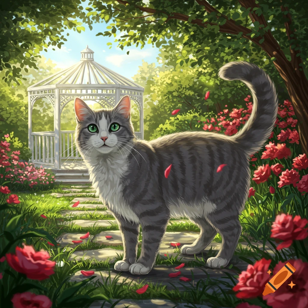 Gray and white cat with green eyes stands in a vibrant garden with red roses, scattered petals, and a white gazebo under a sunny sky.