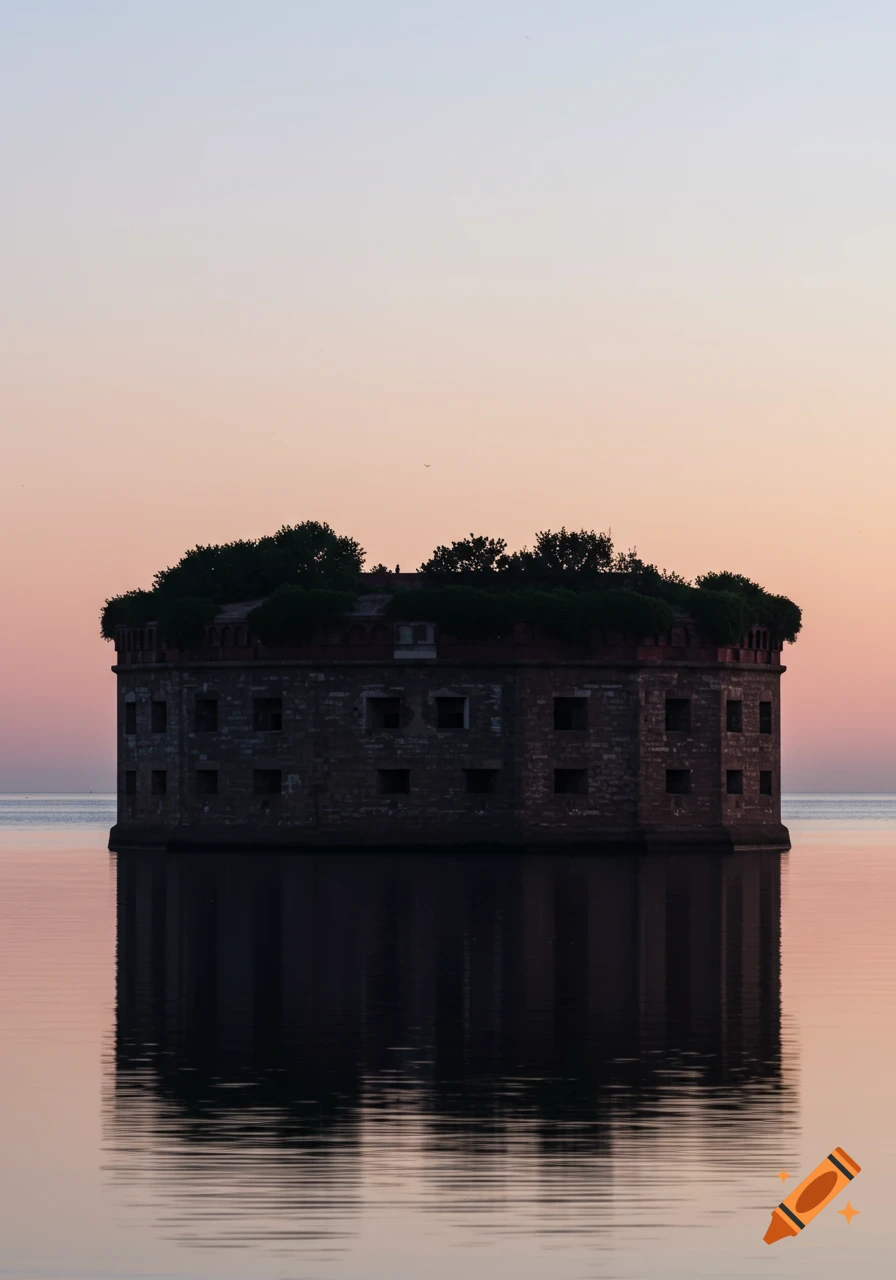 A round fort-like structure with overgrown bushes on top sits in calm water at sunset, casting a reflection.