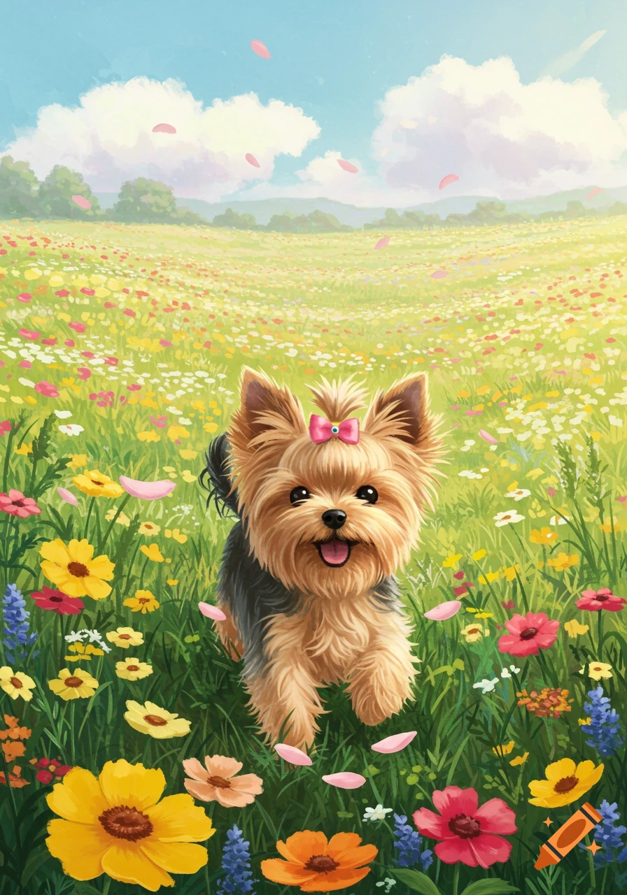 A cute Ghibli-inspired Yorkshire Terrier dog with a pink bow runs through a vibrant field of colorful wildflowers under a blue sky.