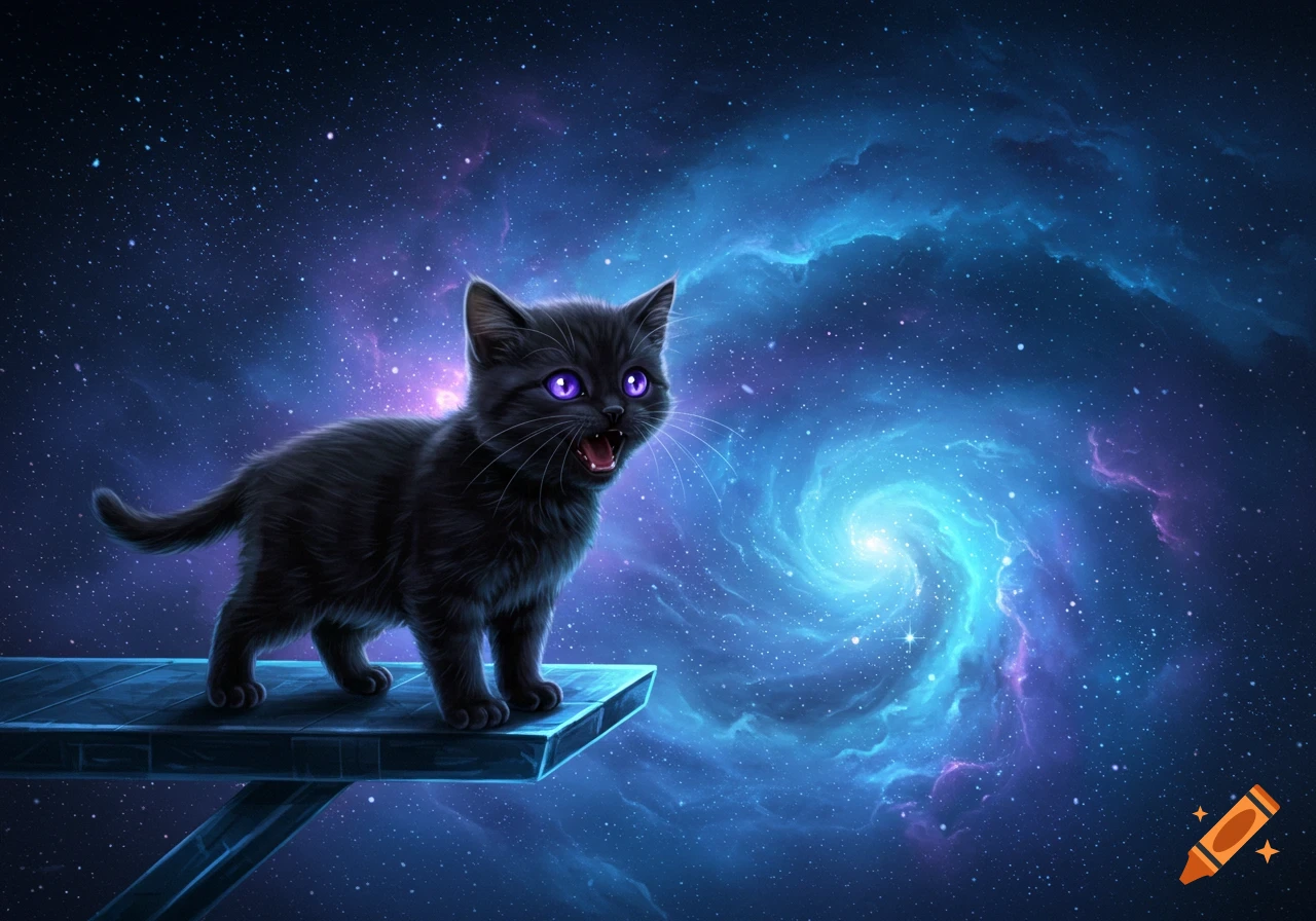 Adorable black kitten with purple eyes yowling on a platform against a vibrant starry galaxy background.