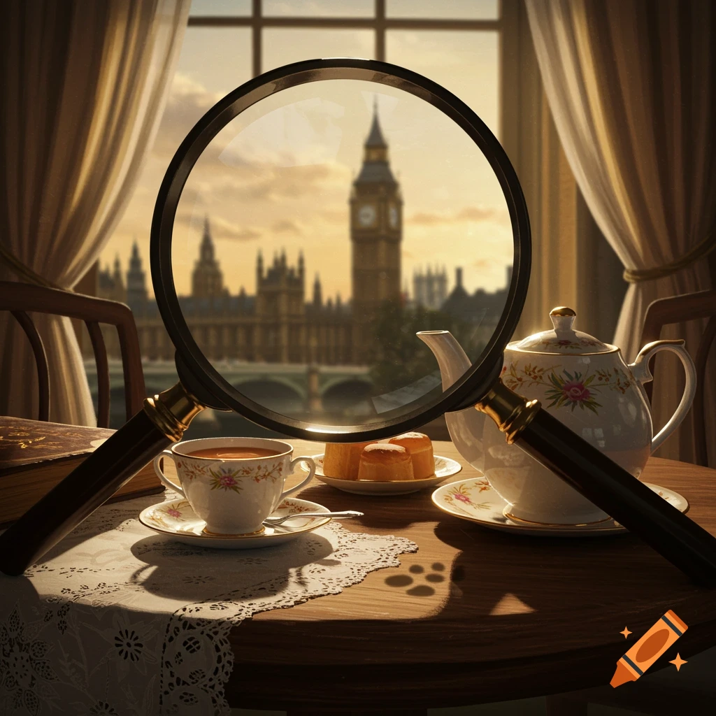 A cozy afternoon tea scene with a magnifying glass showing a blurred view of London's Big Ben outside a window.