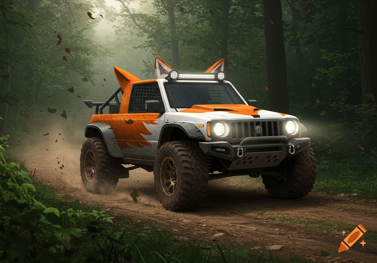 An orange and white fox-themed offroad vehicle drives on a dirt path through a misty forest, kicking up dust.