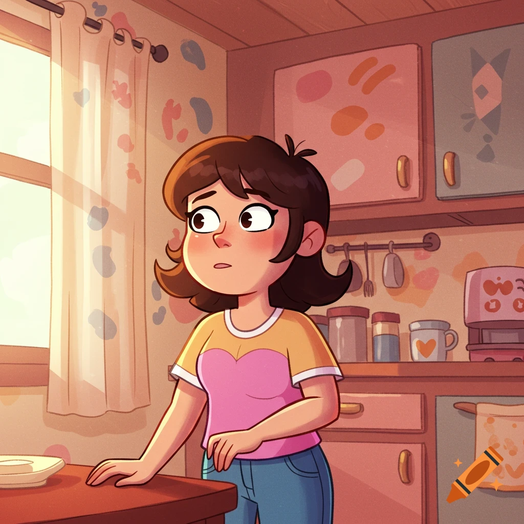 A cartoon woman with brown hair and a pink and yellow shirt stands in a sunlit kitchen, looking contemplative.